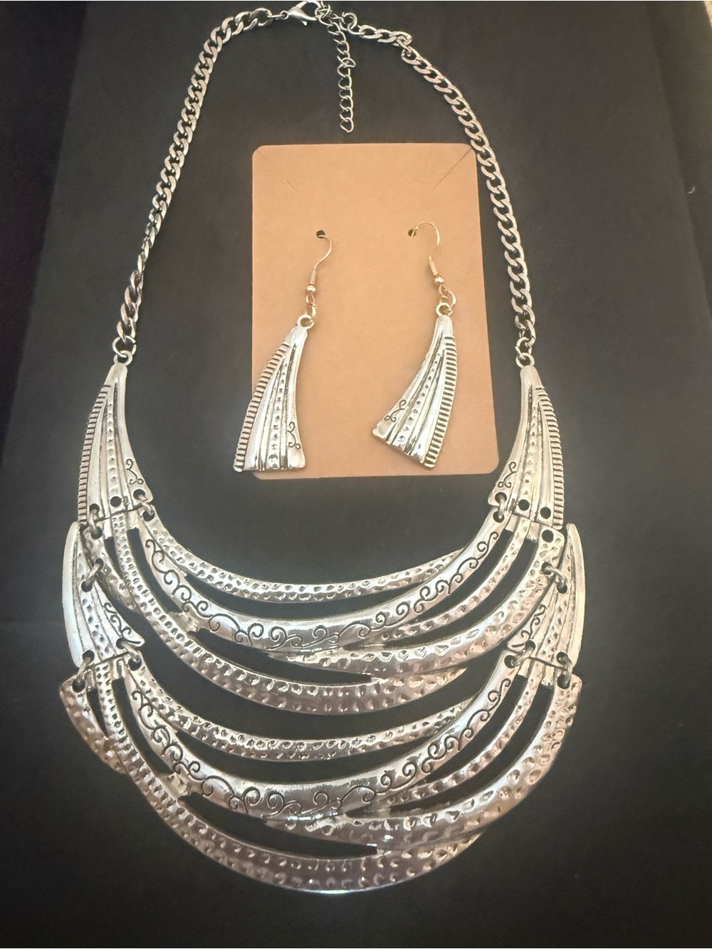 Silver-Tone Multi-Layer Statement Necklace & Earrings Set